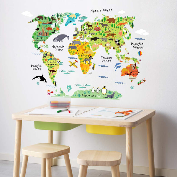 Large Kids Educational Animal Landmarks World Map Peel & Stick Wall Decals Stickers