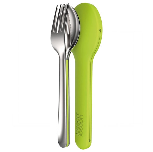 Joseph Joseph GoEat Compact Stainless-Steel Cutlery Set, Green 三合一磁石便攜不鏽鏡餐具, 矽膠收納套