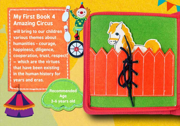 My First Book 4 - Amazing Circus with Backpack, Montessori  蒙特梭利寶寶首選布書+收納背囊禮盒裝, 第四冊-夢幻馬戲團💚綠色, 送品牌小恐龍布玩偶及PREWRITING練習簿