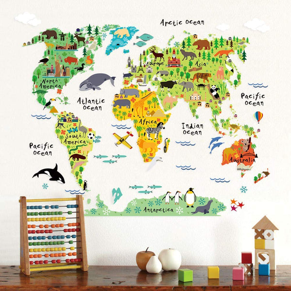 Large Kids Educational Animal Landmarks World Map Peel & Stick Wall Decals Stickers